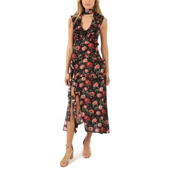 R13 LIBERTY OF LONDON Sz XS Black Pink Rose Floral Silk Dress Ruffle Slit - Picture 2 of 13